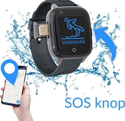 KUUS. S2 Senioren Alarm Horloge Ouderen met Valdetectie - Personenalarmering met SOS knop Alarmknop - GPS - Valdetectie en Hartslagmeter voor Ouderen| Inclusief simkaart met max €15 gratis beltegoed. | NoodHulpKnop ouderen | Sportief Siliconen Bandje