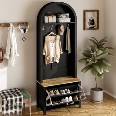 Multifunctionele Kledingkast met Schoenenrek, Plank en Haken – Kapstok voor de hal, Duurzaam MDF-Frame, Modern Design, Stevige Ijzeren Poten, Praktische Opbergruimte, Zwart