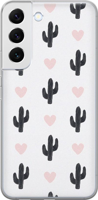 Leuke Telefoonhoesjes - Hoesje geschikt voor Samsung Galaxy S22 - Cactus hartjes - Soft case - TPU - Planten - Zwart
