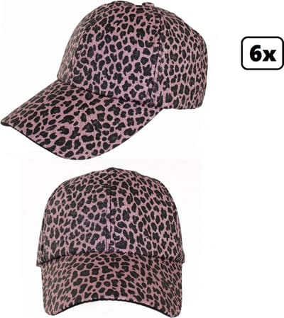 6x Baseball cap panter glitter pink - verstelbaar - Thema feest party festival panterprint