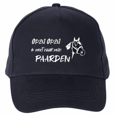 Mijncadeautje - 5 panel - Cap - Verstelbaar - Pet van 100% dik geborsteld katoen- unisex - opdruk wit - opzij opzij naar mijn paarden - navy blauw
