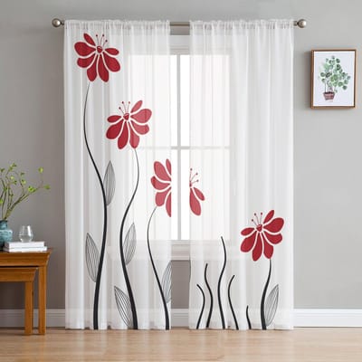 Rode Bloem Lijn Decoratie Plant Voile Transparante Gordijnen Woonkamer Raam Chiffon Tule Gordijn Keuken Slaapkamer Gordijnen Huisdecoratie 135W x 137H(cm)