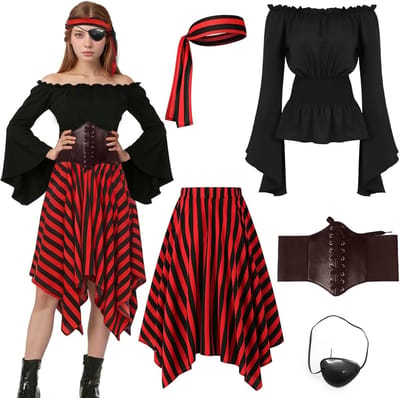 Piratenkostuum voor Dames - Middeleeuwse Piratenjurk Set met Top, Rok, Hoofddoek, Oogmasker en Accessoires voor Halloween en Carnaval