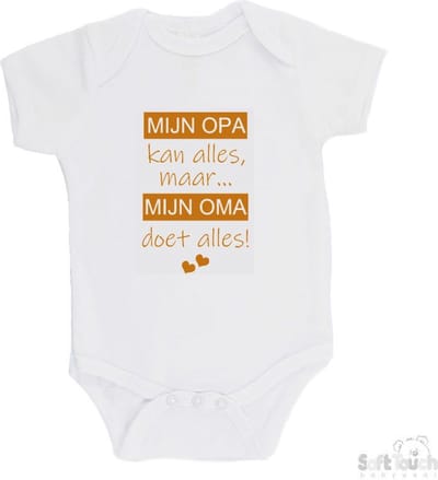 100% katoenen Romper "Mijn opa kan alles, maar mijn oma doet alles" Unisex Katoen Wit/tan Maat 62/68