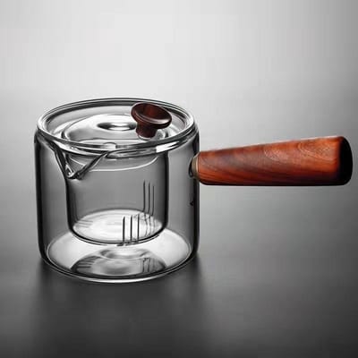 Théière Bouillante en Verre Borosilicate Résistant à la Chaleur à Bois Latéral Théière Intuitive avec Filtre Doublure Intérieure Séparation Eau de Thé gray