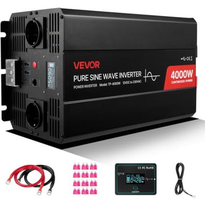VEVOR 4000W omvormer, 12V DC naar 230V AC, zuivere sinusomvormer, met LCD-scherm, afstandsbediening, 2 USB-poorten, 2 stopcontacten, Type-C-connector, voor campers, vrachtwagens en buitengebruik