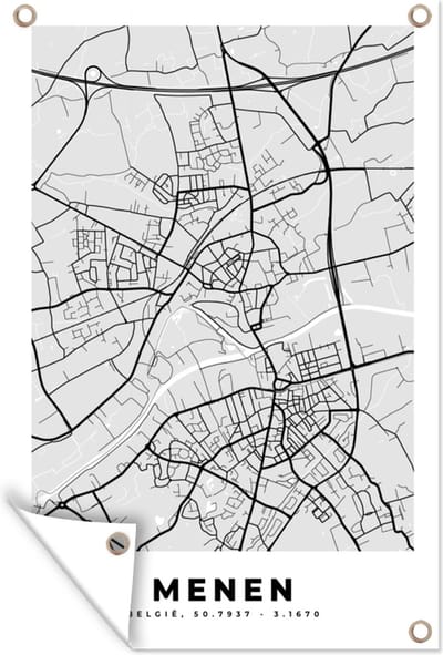 Muurdecoratie Stadskaart – Zwart Wit - Kaart – Menen – België – Plattegrond - 120x180 cm - Tuinposter - Tuindoek