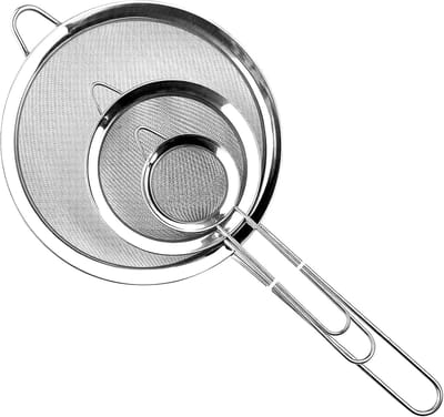 Set van 3 keukenzeven van roestvrij staal, 19/25/36,5 cm, fijnmazige zeef met handvat, meelzeef voor levensmiddelen en groenten, saus-zeef, pastazeef (zilver)