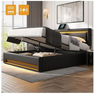 Merax Opbergbed 140 x 190 met hoofdbord - USB- en LED-aansluitingen - PU leer - Lattenbodem - Zwart (zonder matras)