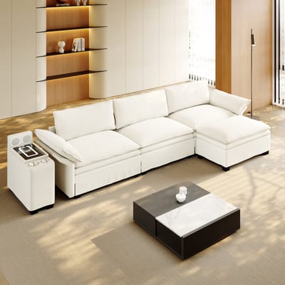 Wishdor - Modulaire Hoekbank - Verstelbare Armleuningen En Opbergruimte - Modern - Voor Woonkamer - Chenille - Beige/Wit - 315 X 70 X 85 Cm