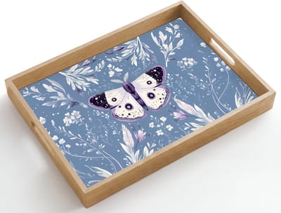 Dienblad hout 50x35 cm - Schootdienblad - Vlinder - Bloemtakken - Lichtblauw - Borrelplank rechthoek - Plateau dienbladen
