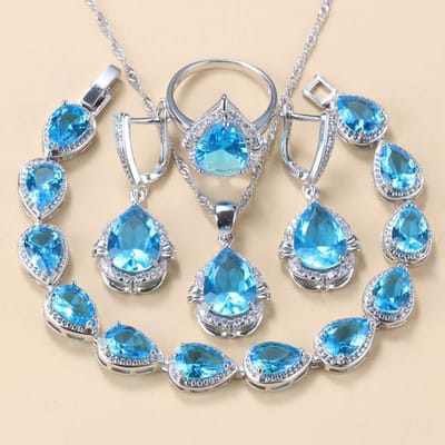 Europese en N Stijl Blauwe Sieraden Inleg Edelsteen Hanger Oorbellen Ketting en Ringen Dames Pak 9 gray