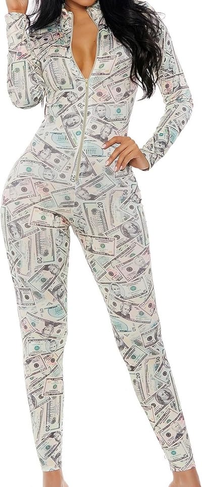 Sexy Catsuit met Geldprint en Hoge Hals - Strakke Jumpsuit voor Dames