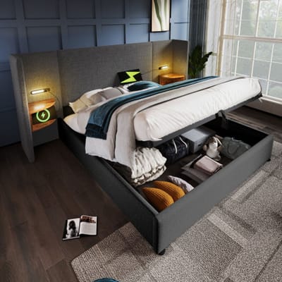 Gutent-Gestoffeerd tweepersoonsbed 160x200 cm met nachtkastje-bedframe met opbergruimte en lattenbodem-grijs-linnen (matras niet inbegrepen)