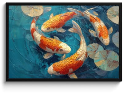 Poster in lijst - Fotolijst 90x60 cm - Posters - Vissen - Waterlelies - Oranje - Water - Posterlijst zwart - Decoratie - Wanddecoratie woonkamer - Muurdecoratie slaapkamer