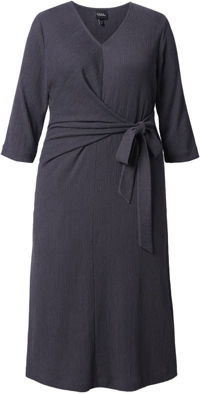 Ulla Popken - Dames - Midi wikkeljurk V-hals strikceintuur 3/4-mouw - Middengrijs melange - Maat 46+