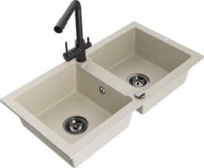 Mexen Mario granieten gootsteen met 2 kamers en keukenmengkraan Duero, beige - 6504-69-671600-70