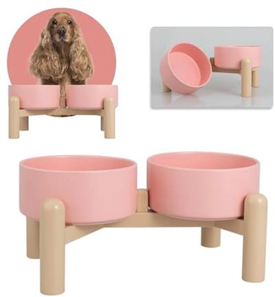 Verhoogde keramische hondenvoerbak set van 2 met antislip houder - 850 ml roze