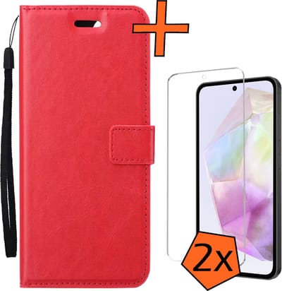 Hoes - Met 2x Screenprotector - Geschikt voor Samsung Galaxy A35 - Luxe Pasjeshouder - Bookcase Portemonee - Flip Case - Kunstleer Book Case - Flipcase Hoes - Book Cover - Walletcase - PortemonneeHoes - Rood