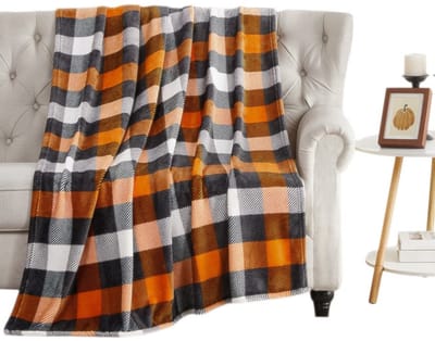 Herfst geruite fleece deken voor sofa en bed - oranje zwart wit tartan