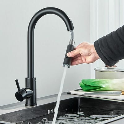 Keukenkraan zwart, keukenkraan met uittrekbare douchekop, 2 standen, inbouwkraan met 360° draaibare uitloop van 304 roestvrij staal, koud en warm beschikbaar