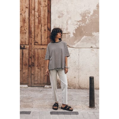 Mikuta The Striped Long Loose Thin Linen T-shirt White Maat: XS | Tops Outlet | Dames | Wit