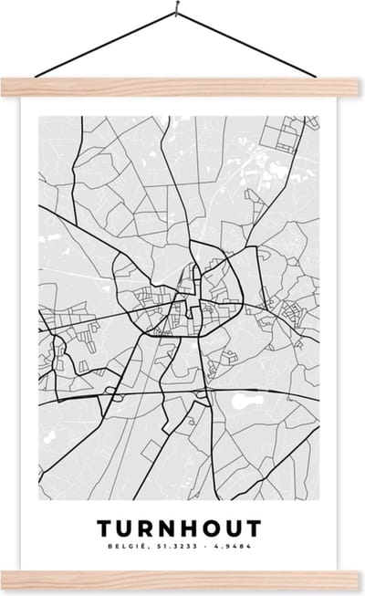 Posterhanger incl. Poster 40x60 cm - Schoolplaat - Zwart Wit – België – Plattegrond – Stadskaart – Kaart – Turnhout - Textielposter - Blanke latten - Stadskaart