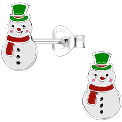 Joy|S - Zilveren sneeuwpop oorbellen - met rode sjaal en groen hoedje - 6 x 10 mm - kinderoorbellen