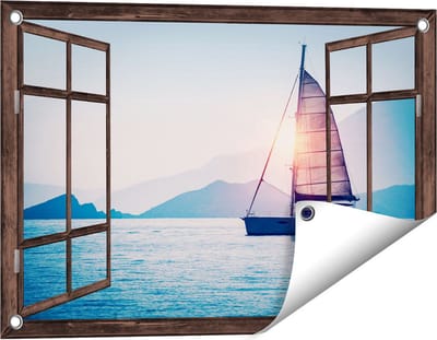 Gards Tuinposter Doorkijk Zeilboot bij Zonsondergang - 60x40 cm - Tuindoek - Tuindecoratie - Wanddecoratie buiten - Tuinschilderij