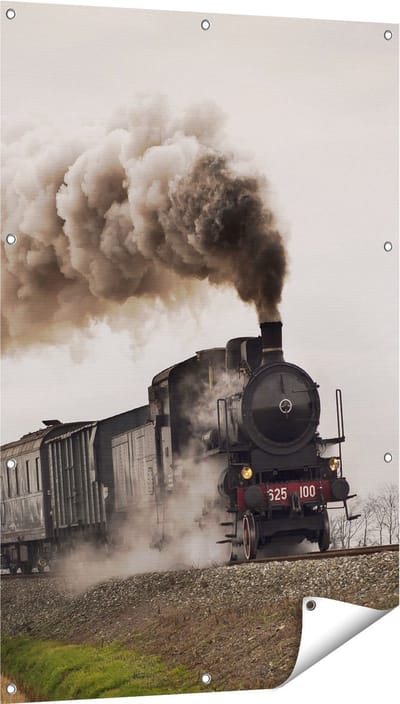 Gards Tuinposter Locomotief Trein met Rook Wolken - 80x120 cm - Tuindoek - Tuindecoratie - Wanddecoratie buiten - Tuinschilderij