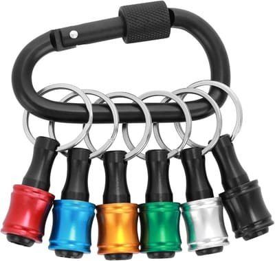 TOVBMUP 6 Stuks Bitsets - Schroefbits Houder met Karabijnhaak - 1/4 Inch Zeskant Verlengstang - Roestvrij en Duurzaam Metaal - Geschikt voor Elektrische Schroevendraaiers, Boormachines en als Sleutelhanger - Incl. 6 Kleuren Karabijnhaken