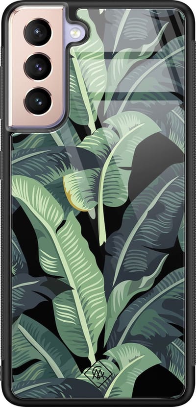 Casimoda® hoesje - Geschikt voor Samsung Galaxy S21 - Palmbladeren Bali - Luxe Hard Case Zwart - Backcover telefoonhoesje - Groen