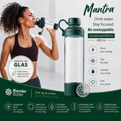 BlenderBottle Mantra Waterfles GLAS 600 ml – Transparant Groen – Lekvrij – Duurzame Glazen Drinkfles met Siliconen Bescherming