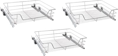 Eleganca draadmand met Ondergeleider en Soft Closing - Keukenkast schuiflade - Uitschuifbaar keukenrek - Geschikt voor kastjes met frontbreedte van 50 cm - Inbouwlade - Maximale draagkracht 20 kg- B41.5 cm, H14 cm & D44.5 cm - RVS - Zilver - 3 Stuks