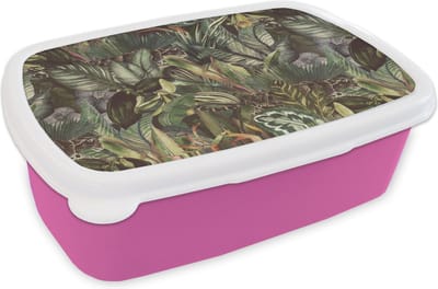 Broodtrommel Roze - Lunchbox - Brooddoos - Bladeren - Jungle - Vintage - Patronen - 18x12x6 cm - Kinderen - Meisje