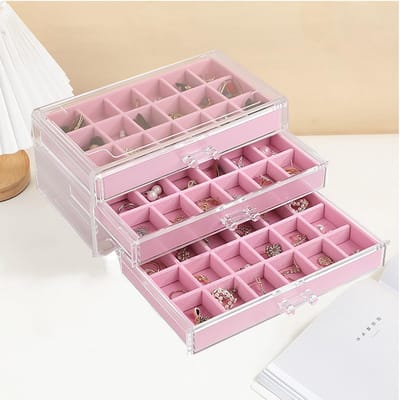 Opbergdoos, Acryl Sieraden Opbergdoos met Fluwelen Lades, Oorbel Opberg Organizer Display Case voor Vrouwen Meisjes (Roze, 3 Lades)