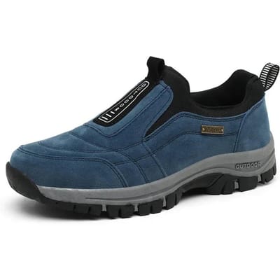 Chaussures de randonnée en plein air hommes baskets hiver sans lacet chaussures hommes décontractées respirant daim cuir chaussure anti-dérapant chaussures de marche chaussures 41 bleu