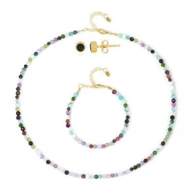 Cavill - Zilveren Sieradenset met Mezezo Opaal 0,29 ct - Verguld 925 Sterling Zilver - Facet Geslepen Ioliet & Rhodoniet - Elegante Bijoux Set