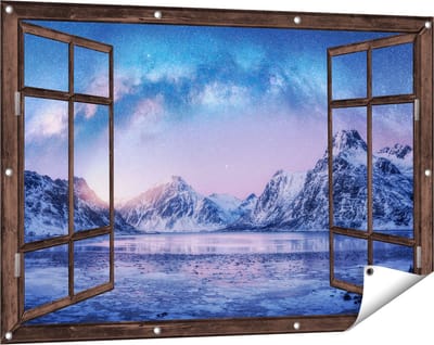 Gards Tuinposter Doorkijk Melkweg bij de Besneeuwde bergen - 120x80 cm - Tuindoek - Tuindecoratie - Wanddecoratie buiten - Tuinschilderij
