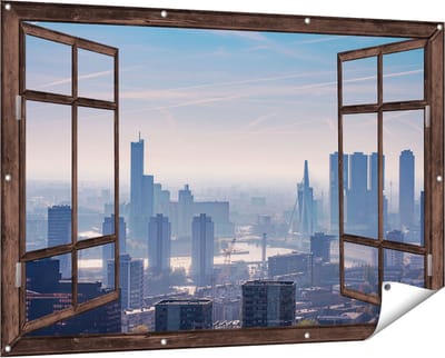 Gards Tuinposter Doorkijk Rotterdamse Skyline - 150x100 cm - Tuindoek - Tuindecoratie - Wanddecoratie buiten - Tuinschilderij