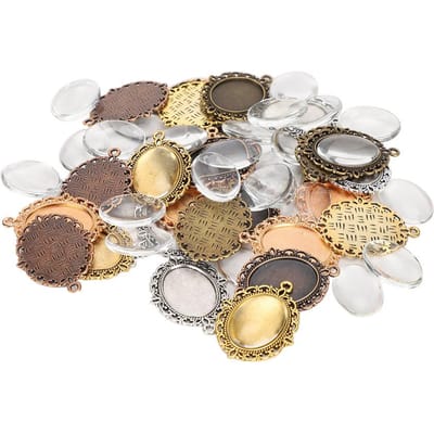60 stuks Exquise Metalen Hanger Basis Bakje Ovaal Glazen Koepels Sieraden DIY Gereedschap Accessoire beige