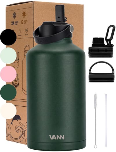 VANN® 3-Wandige RVS Waterfles 2 Liter met rietje voor volwassenen – Met 5 accessoires – thermoskan 2 liter – 24 uur koud/12 uur warm – Deep Forest – Cadeau voor man en vrouw – VANN ULTIMATE BOTTLE®
