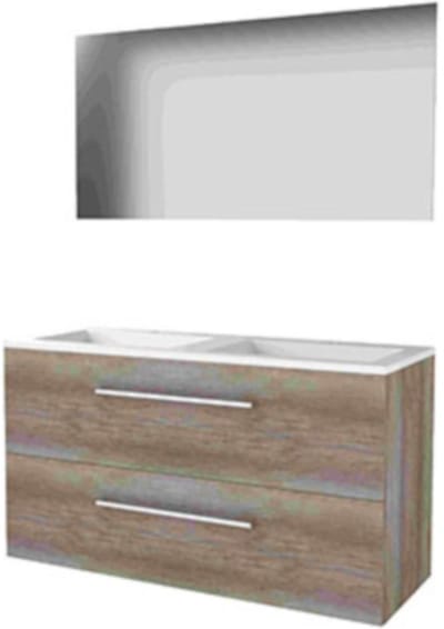 Basic-Line Ultimate 46 Badkamermeubelset - 120 x 46 cm - Met Grepen - 2 Lades - Acryl Wastafel - 2 Kraangaten - Spiegel met Indirecte LED Verlichting - Scotch Oak