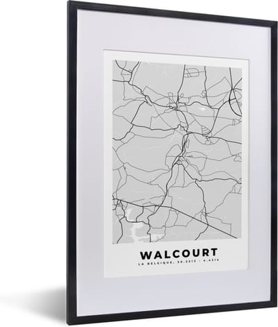 Fotolijst incl. Poster Zwart Wit- Stadskaart – Plattegrond – België – Zwart Wit – Walcourt – Kaart - 30x40 cm - Posterlijst