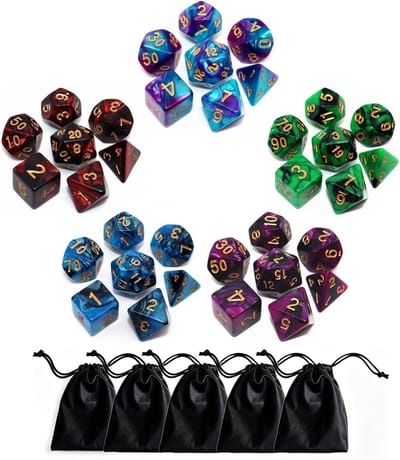 Thijox - Polyhedrische D&D Dobbelstenen Set van 5 Stuks - Tweekleurige D4, D6, D8, D10, D%, D12, D20 voor Dungeons en Dragons, RPG Games, Rollenspelle