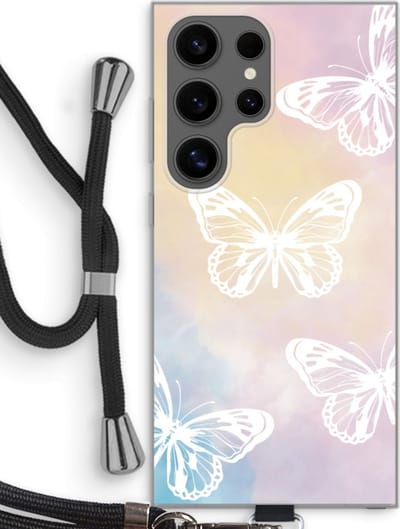 Case Company® - Hoesje met koord geschikt voor Samsung Galaxy S24 Ultra hoesje met Koord - White butterfly - Telefoonhoesje met Zwart Koord - Bescherming aan alle Kanten en Over de Schermrand