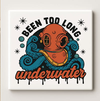 Keramische Kunsttegel 15x15cm – “Been Too Long Underwater” Vintage Duikerhelm Ontwerp – Nautische Muurdecoratie voor Huis & Kantoor
