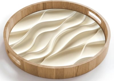 Dienblad rond 40x40 cm - Schootdienblad hout - Lijnen - Golvend - Crème - Borrelplank rechthoek - Plateau houten dienbladen