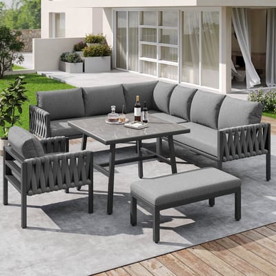 Wishdor - Tuinmeubelset - Hoekbank Met Tafel - Verstelbare Poten - Gehard Glas - Met Zit- En Rugkussens - Grijs