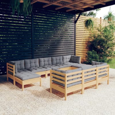 vidaXL - 10-delige - Loungeset - met - grijze - kussens - massief - grenenhout